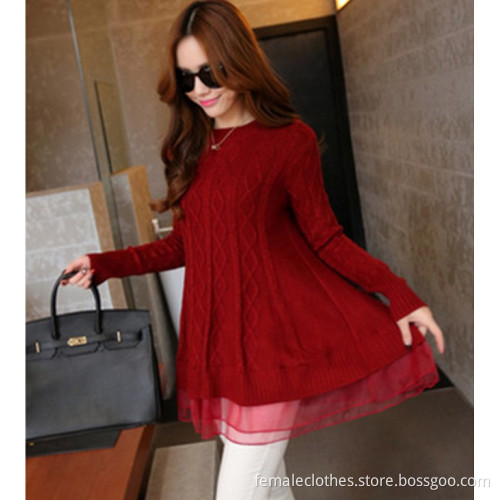 Women long sections loose sweater with lace hem/Le donne che basano maglione allentato orlo di pizzo